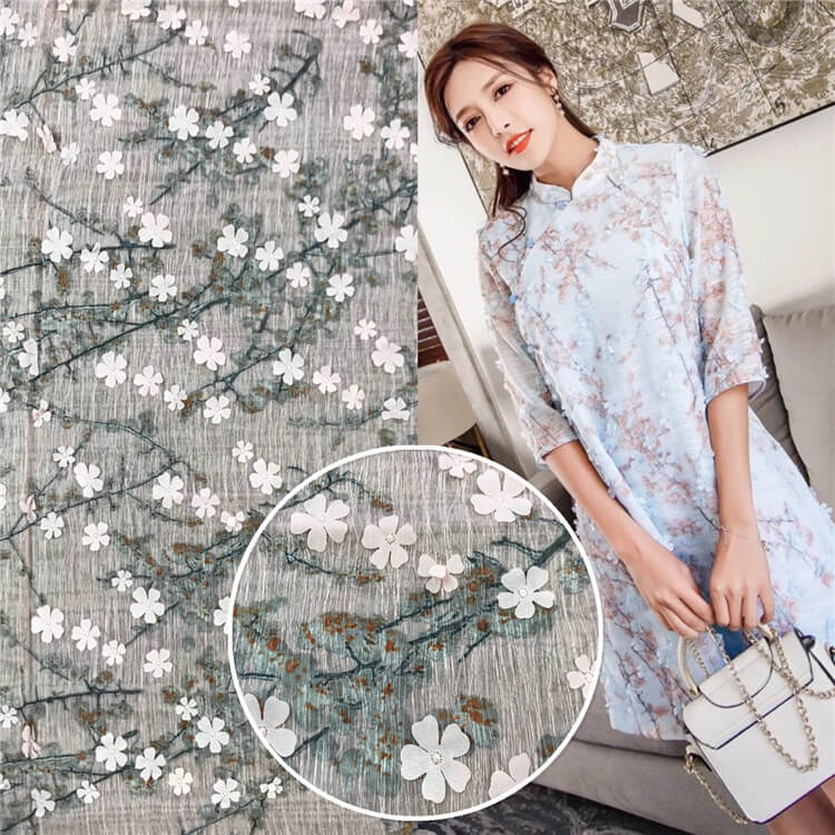 Embroidered Fabric Dress Plum Blossom Polyester Printed for Women's We 2